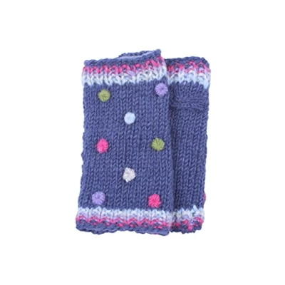 Image of Pachamama Women Wool Hand Warmers Fleece Lined Handknitted Dots Multicoloured One Size Handmade Extra Warm Fair Trade (Denim)