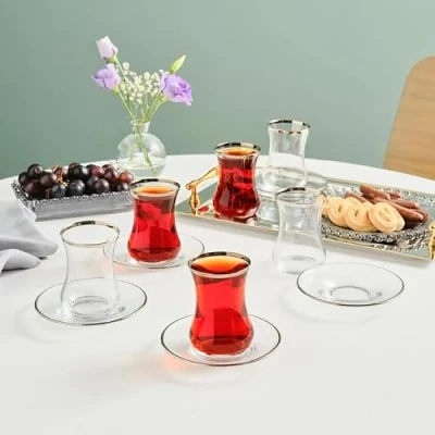 Image of Karaca Sydney 12 Piece Glass Turkish Tea Set for 6 People, Platinum