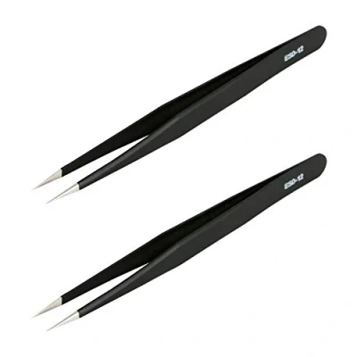 Image of Aoje Link ESD 12 Professional Anti Static Precision Technology Tweezers, Non Magnetic Fine Tip Straight, Stainless Steel Plastic Coated, Full Length 135mm, Black, 2pcs
