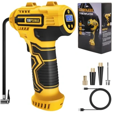 Image of Car Tyre Inflator Air Compressor, Portable Cordless Pump, 150psi Handheld Pump With LED Light, USB Rechargeable Battery, 3 Nozzles, Electric for Car, Motorcycle, Bike, Ball