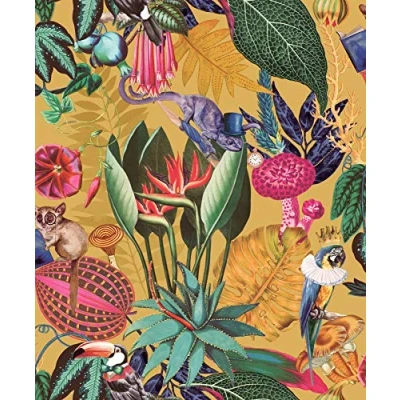 Image of Wonderland Jungle Exotic Wallpaper Holden Ochre Birds Animals