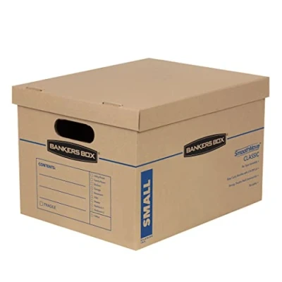 Image of 10 BANKERS BOX Strong Moving Boxes, SmoothMove Classic 32 Litre and Storage Tape Free Assembly, Easy Carry Handles, 38cm x 33cm 26cm, Brown