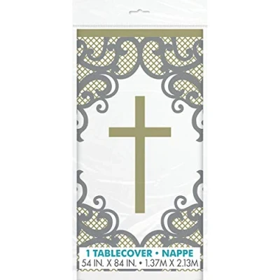 Image of Fancy Gold Cross Rectangular Plastic Table Cover (137cm x 213cm) Perfect for Parties, Events &amp; Celebrations 1 Pack
