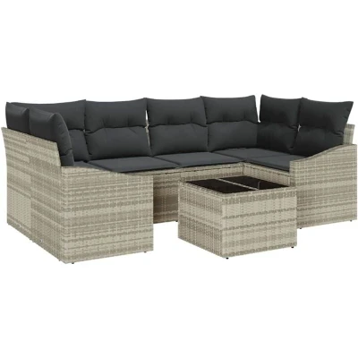 Image of vidaXL 7 Piece Garden Dining Set with Cushions Light Grey Poly Rattan