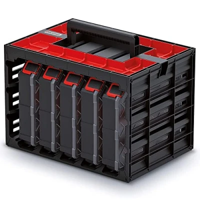Image of Tool Box with 5 Assortment Boxes, Small Parts Magazine dividers, Ergonomic Handle, Robust Body 415 x 290 295 mm (with dividers).