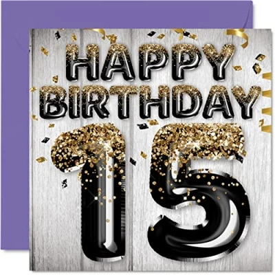 Image of 15th Birthday Card for Boys Black &amp; Gold Glitter Balloons Happy Cards 15 Year Old Boy Son Brother Grandson Cousin, 145mm x Fifteen Fifteenth Bday Greeting Gift