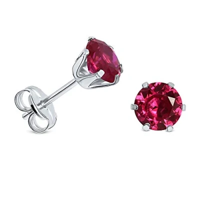 Image of Miore 6 prong stud earrings for women in 9 kt 375 white gold with green emerald/red ruby/blue sappahire/cubic zirconia, 6.5 mm (RED)