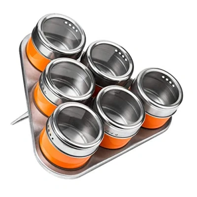 Image of Premier Housewares Orange Magnetic Spice Jars Adjustable Herbs and Spices Set of 6 Steel Seasoning Tin Rack Kitchen