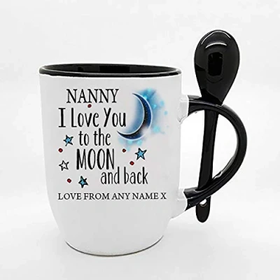 Image of Personalised Nanny I Love You to The Moon &amp; Back Coffee Tea Cocoa Soup Daily use Mug Valentine&#039;s Day Birthday Party gage Keepsake Unique Ceramic Cup Mug. (Black Spoon)
