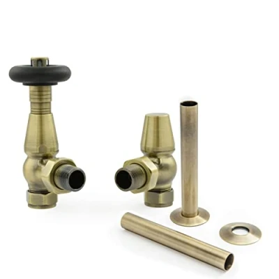 Image of Hot Flow Jordan Traditional Thermostatic Radiator Valve (Angled TRV) (Antique Brass with Sleeve)