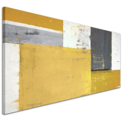 Image of Wallfillers Mustard Yellow Grey Abstract Painting Canvas Wall Art Print 1340 118x49cm