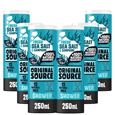 Image of Original Source Sea Salt and Samphire Vegan Shower Gel, 100 Percent Natural Fragrance, Vegan, Cruelty Free, Paraben Bulk Buy, Pack of 6 x 250 ml