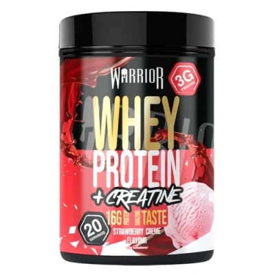 Image of Warrior Whey Protein Powder + Creatine 500g Sports Nutrition Shake for Muscle Growth, Performance, and Recovery Enjoy Post Workout Low Sugar 20 Servings (Strawberry Crème)