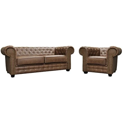 Image of Astor Chesterfield Style Sofa Set 3+2 Seater Armchair Brown Faux Leather (3+1 Seater)