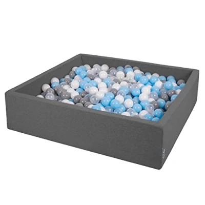 Image of KiddyMoon Soft Ball Pit Square 120X30cm/300 Balls ∅ 7Cm / 2.75In For Kids, Foam Pool Baby Playballs Children, Made In EU, Dark Grey:Grey/White/Transparent/Babyblue