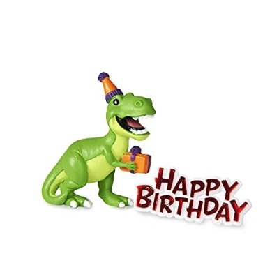 Image of Anniversary House Dinosaur Cake Topper Keepsake Set, 2 Piece Birthday Decorations, Sturdy Resin Topper, BU311, Green &amp; Red