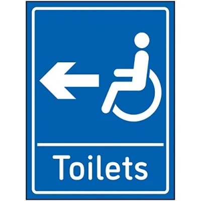 Image of Vsafety Disabled Toilets Arrow Left Sign 150x200mm Blue Self Adhesive Vinyl