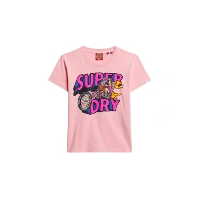 Image of Superdry Ladies Neon Motorcycle Graphic Bodycon T Shirt, Romance Rose Pink Flamed, 6