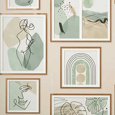 Image of Crown Gallery Natural Wallpaper M1711 Picture Frame Line Drawing Face Leaf