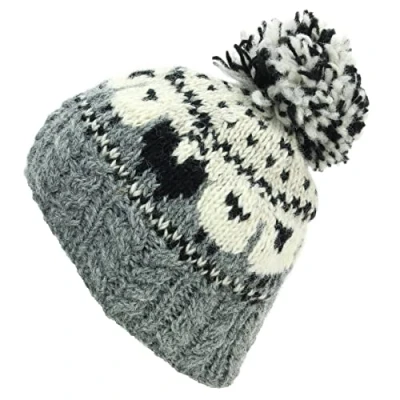 Image of LOUDelephant Wool Knit Bobble Beanie Hat Sheep Grey Cable