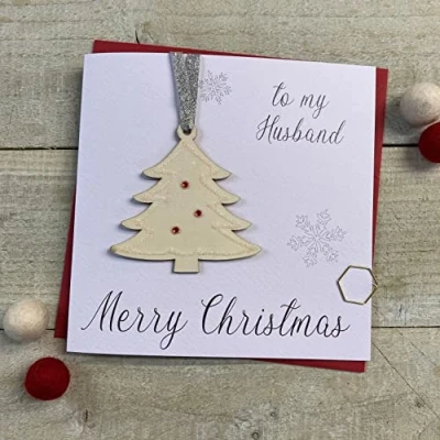 Image of Husband Christmas Tree Glittered Wooden Bauble (XB1 H) Handmade by White Cotton Cards