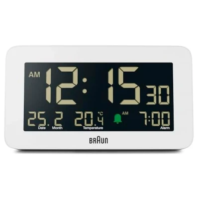Image of Braun Digital Radio Controlled Alarm Clock For Central European Time Zone (DCF) with Date, Month and Temperature Displayed, Negative LCD Display, Crescendo Beep Alarm, White, BC10W DCF.