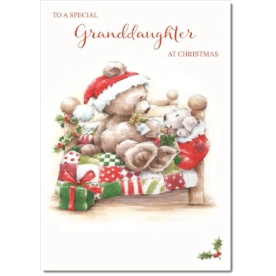 Image of doodlecards Granddaughter Christmas Card Cute Bear on Bed Medium Size for with Plain Envelope