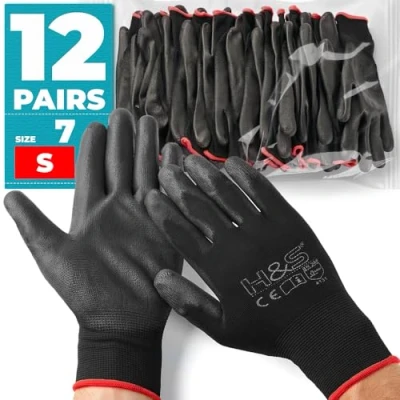 Image of 12 Pairs of Work Gloves S (7) Nylon PU coated CAT II available XS extra small (6),S (7), M medium (8), L large (9), XL x (10), XXL xx.large (11) seamless multi purpose black colour coded