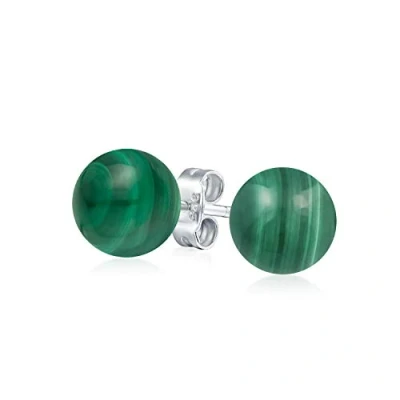 Image of Simple Gemstone Green Malachite Round Ball Stud Earrings For Women .925 Sterling Silver 10MM