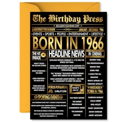 Image of Gold 59th Birthday Card for Men Women Black &amp; Golden Newspaper Born in 1966 Happy 59 Cards Auntie Nan Colleague Wife Brother Friend, 5x7 Inch Bday Greeting