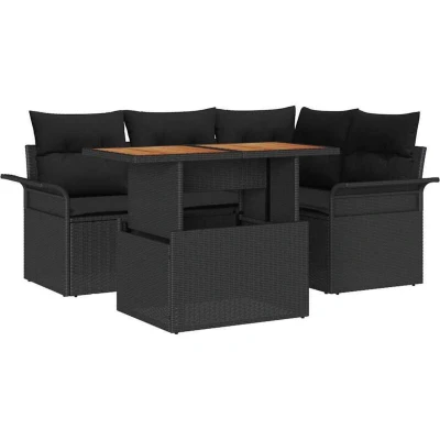 Image of vidaXL 5 Piece Garden Dining Set with Cushions Black Poly Rattan Acacia