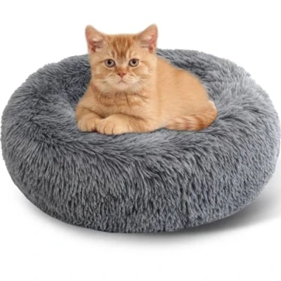 Image of Enjamoy Plush Donut Dog Bed, Calming Round Cat Bed Soft and Fluffy Cuddler Pet Cushion Self Warming Puppy Beds Machine Washable, Dark Grey 50cm
