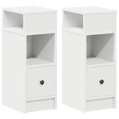 Image of vidaXL bedside cabinets 2pcs with drawer, white engineered wood nightstands 25x31x66 cm, modern rectangular side tables for bedroom