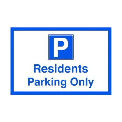 Image of Residents parking only Safety sign High tack self adhesive sticker (300mm x 200mm) Viewing Distance within 7m.