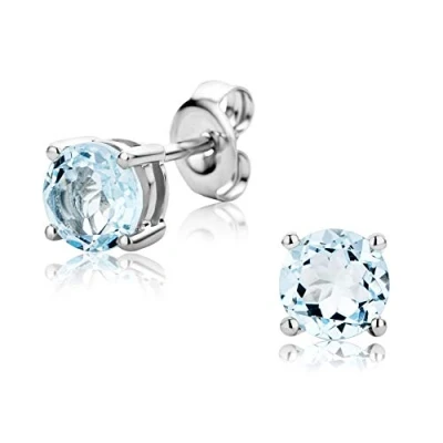 Image of Orovi Womens Blue Topaz Stud Earrings 9 Ct White Gold Natural Gemstones (1.23 Ct) Circle Cut December Birthstone Butterfly Back Closure