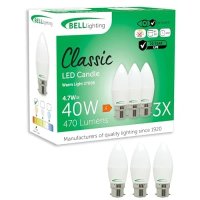 Image of Bell Lighting B22 Bayonet Light Bulb LED Candle 3 Pack Warm White 2700K 470 Lumen 4.7W Energy Saving 40 Watts Halogen Lamp Equivalent Non Dimmable