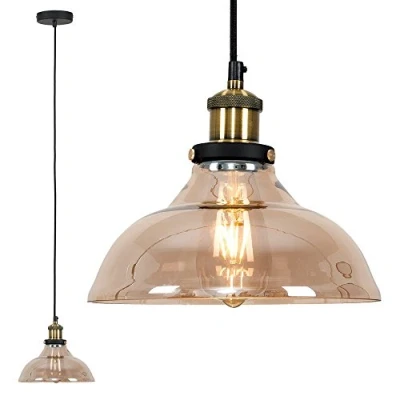 Image of MiniSun Industrial Steampunk Style Black and Gold Ceiling Light Pendant with an Amber Tinted Clear Glass Tapered Shade