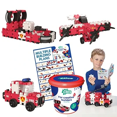 Image of Clics Fire Edition construction toy for children from 3 years, creative educational in a 127 piece set, building blocks girls and boys, Montessori STEM toys, durable toys