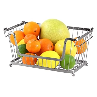 Image of Greenfields® Silver Multi Purpose Stackable Storage Wire Basket Stacking Shelves Fruit Vegetable Kitchen Bathroom Rack Stand Organiser With Handles