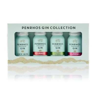 Image of Penrhos Gin Gift Pack, 4 x 5cl Multiple Flavours Dry, Rhubarb, Apple &amp; Elderflower Wonky Raspberry Reusable Aluminium Bottles Reuse, Refill, Recycle