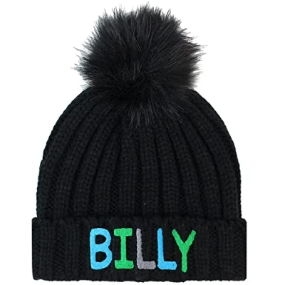 Image of TeddyT&#039;s Personalised Boys Multicoloured Name Soft Bobble Hat with Pom (2 4 Years) (Black)