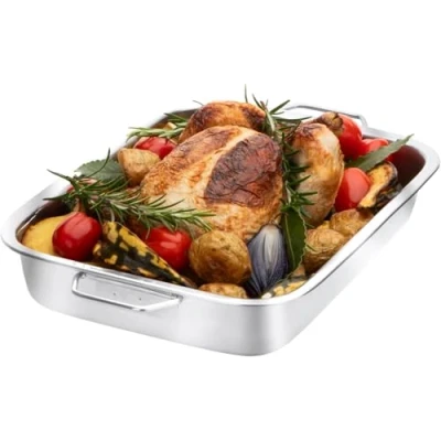 Image of Stainless Steel Roasting Pan with Raised Bottom 25cm Durable Roaster &amp; Baking Tray, Hob Oven Safe, Reinforced Rim, Even Heat Distribution, Perfect for Meats Vegetables, Dishwasher Safe