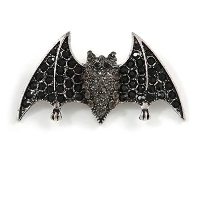 Image of Avalaya Black/Grey Crystal Bat Brooch in Silver Tone Metal 60mm Across
