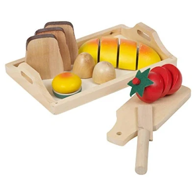 Image of URBN TOYS Large Set Of Wooden Fruit &amp; Veg or Bread Buns in Trays Pretend Play Food Cutting Toy (Baked Goods)