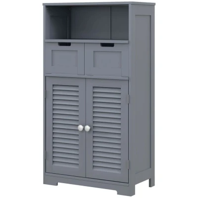Image of kleankin Bathroom Cabinet with Drawers, Storage Louvred Doors, Open Compartment and Adjustable Shelf for Washroom, Grey