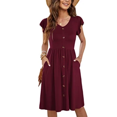 Image of MOLERANI UK Women Summer Dresses Ruffle Sleeve V Neck Casual Swing Elastic Waist Midi Dress with Pockets Pure Wine Red L