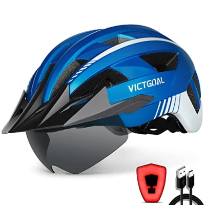 Image of Victgoal Bike Helmet with USB Rechargeable LED Light Removable Magnetic Goggles Visor Breathable MTB Mountain Bicycle for Unisex Men Women Adjustable Cycle Helmets (XL: 59 63 cm, Metal Blue)