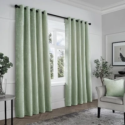 Image of Curtina Sage Green Woven Curtains W90 x L72 (229 183cm) Light Eyelet Textured Chenille in Luxury &amp; Drapes for Bedroom/Living Room Weave