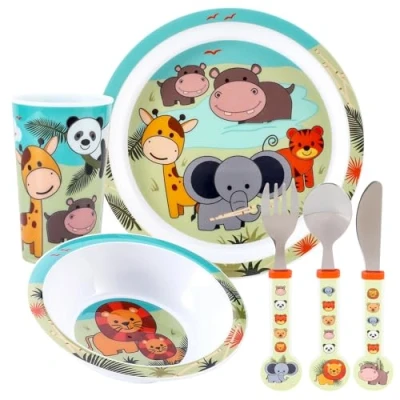 Image of Animal Kids 6 Piece Reusable Dinner Set Plate/Bowl/Cup/Knife/Fork/Spoon Childrens Dinnerware Tableware Cutlery