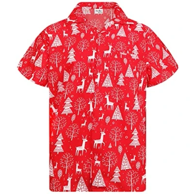Image of King Kameha Men Christmas Santa Claus Office Party Short Sleeve Button Down Shirts, Reindeer Allover, Red, XXL